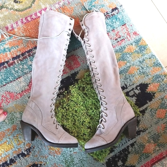 JEFFREY CAMPBELL FREE PEOPLE Over The Knee OTK JOE Grey Lace Up Heels Boots 8.5 - Picture 2 of 16